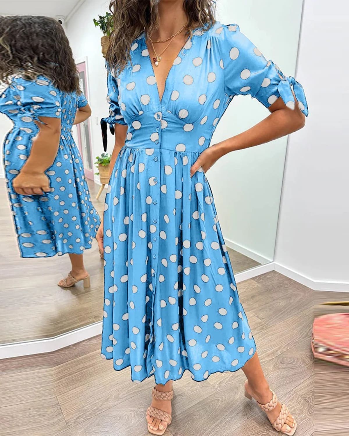 V-neck polka dot dress with button closure, garden party wear