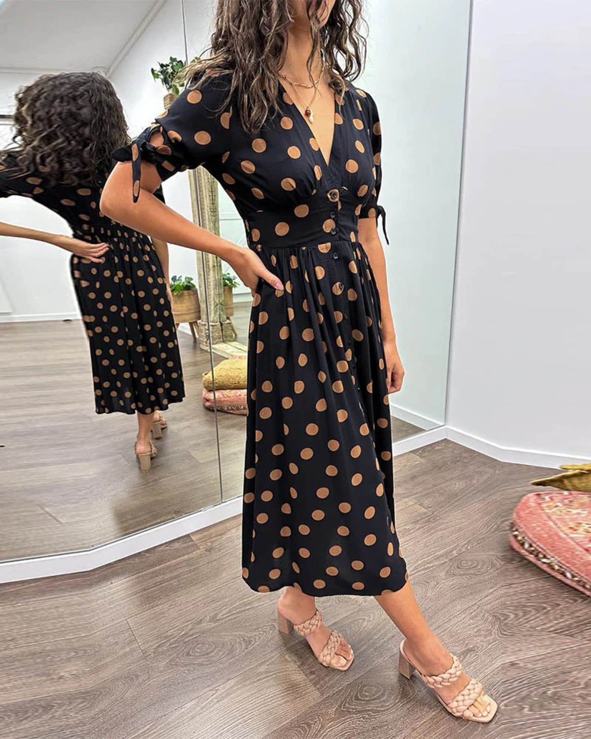 V-neck polka dot dress with button closure, garden party wear