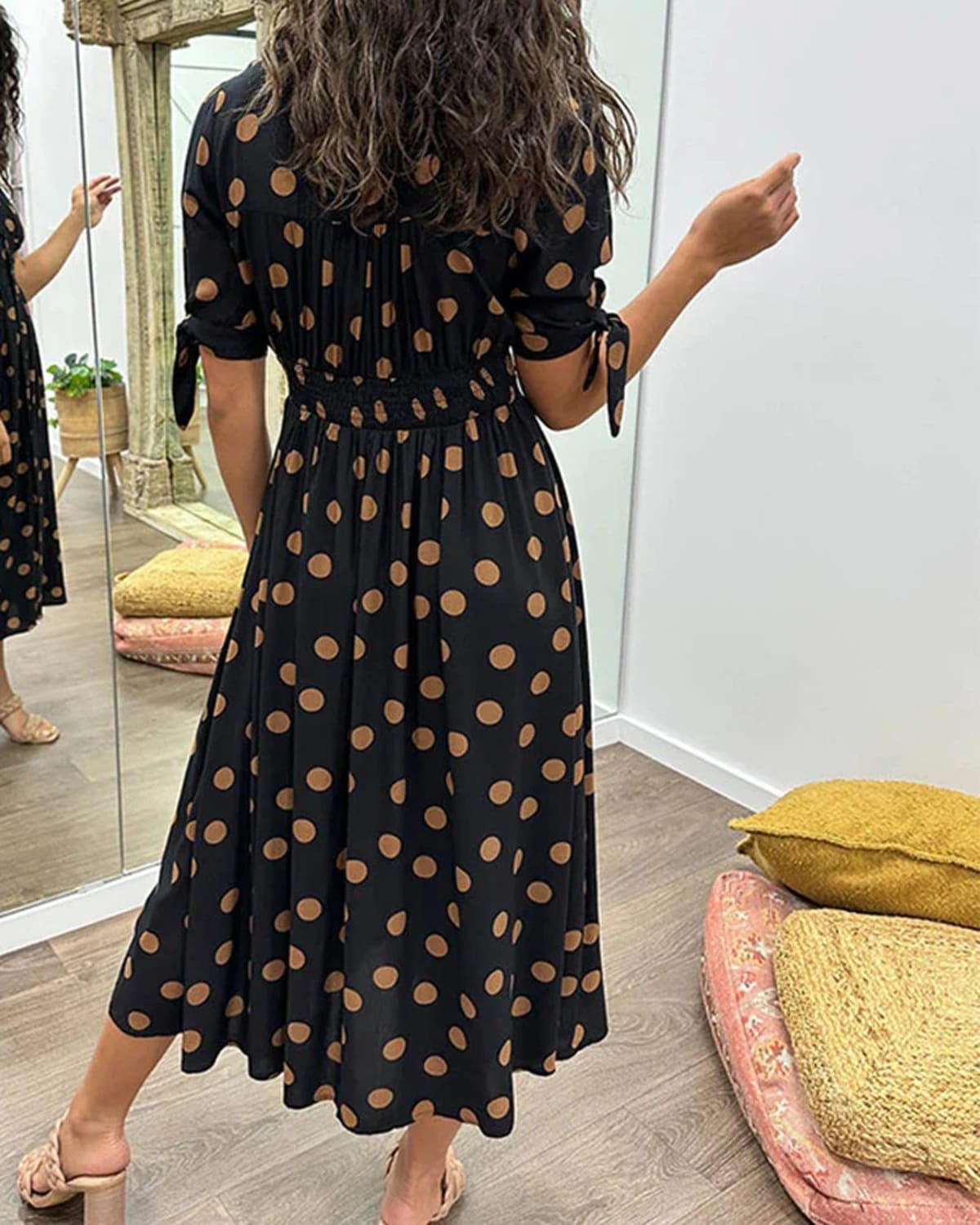 V-neck polka dot dress with button closure, garden party wear