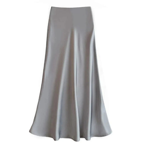 Silver-grey satin midi skirt with high-waisted A-line silhouette