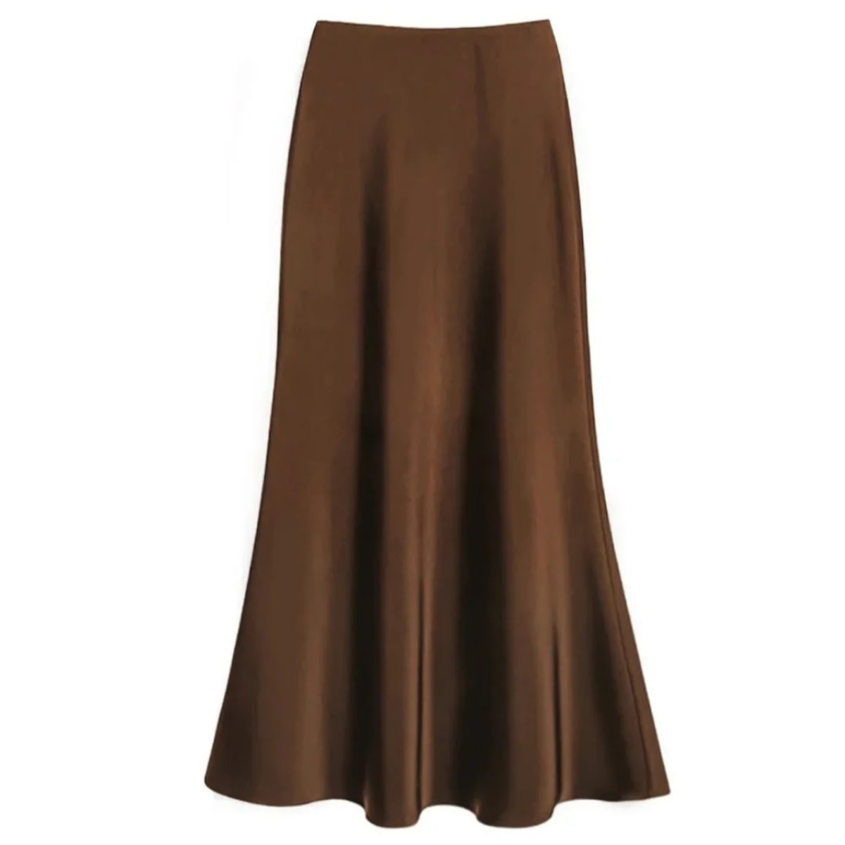 Silver-grey satin midi skirt with high-waisted A-line silhouette