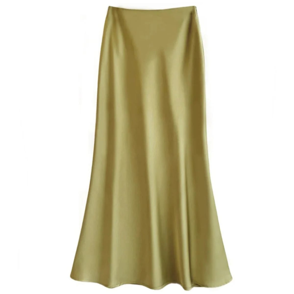 Silver-grey satin midi skirt with high-waisted A-line silhouette