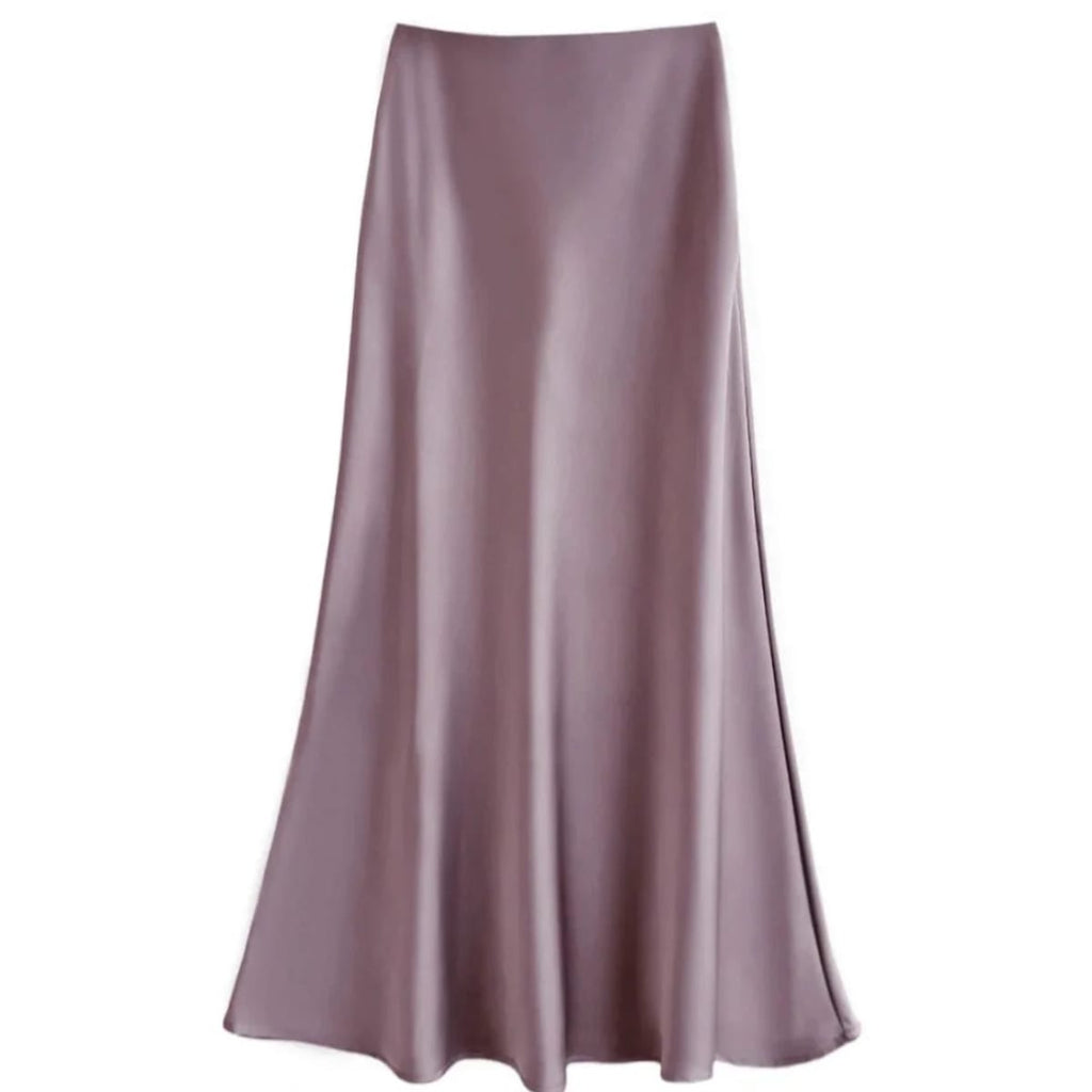 Silver-grey satin midi skirt with high-waisted A-line silhouette