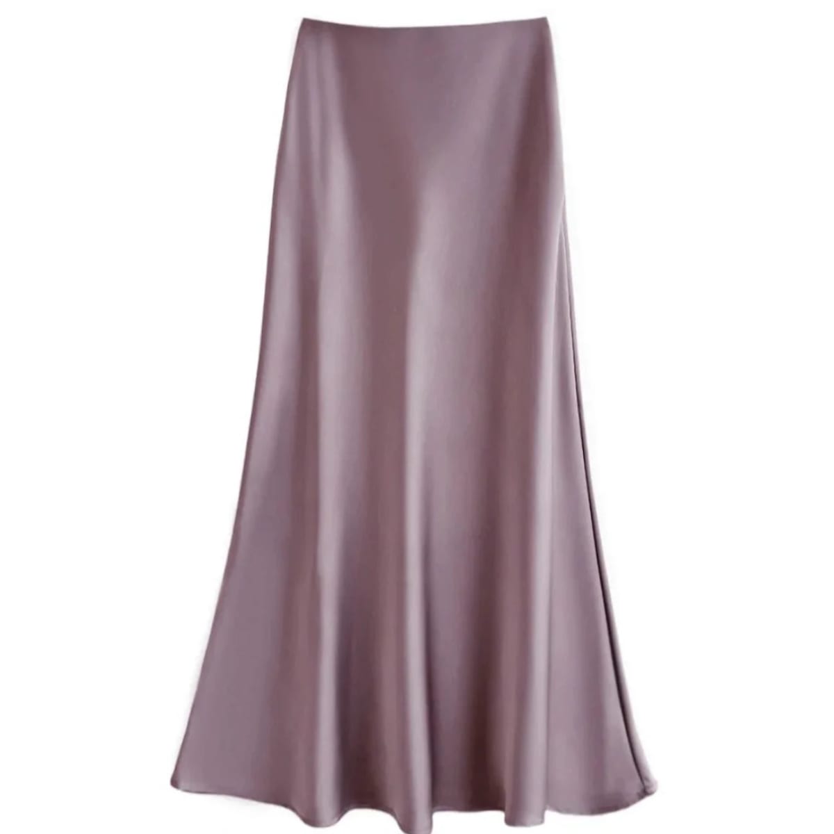 Silver-grey satin midi skirt with high-waisted A-line silhouette