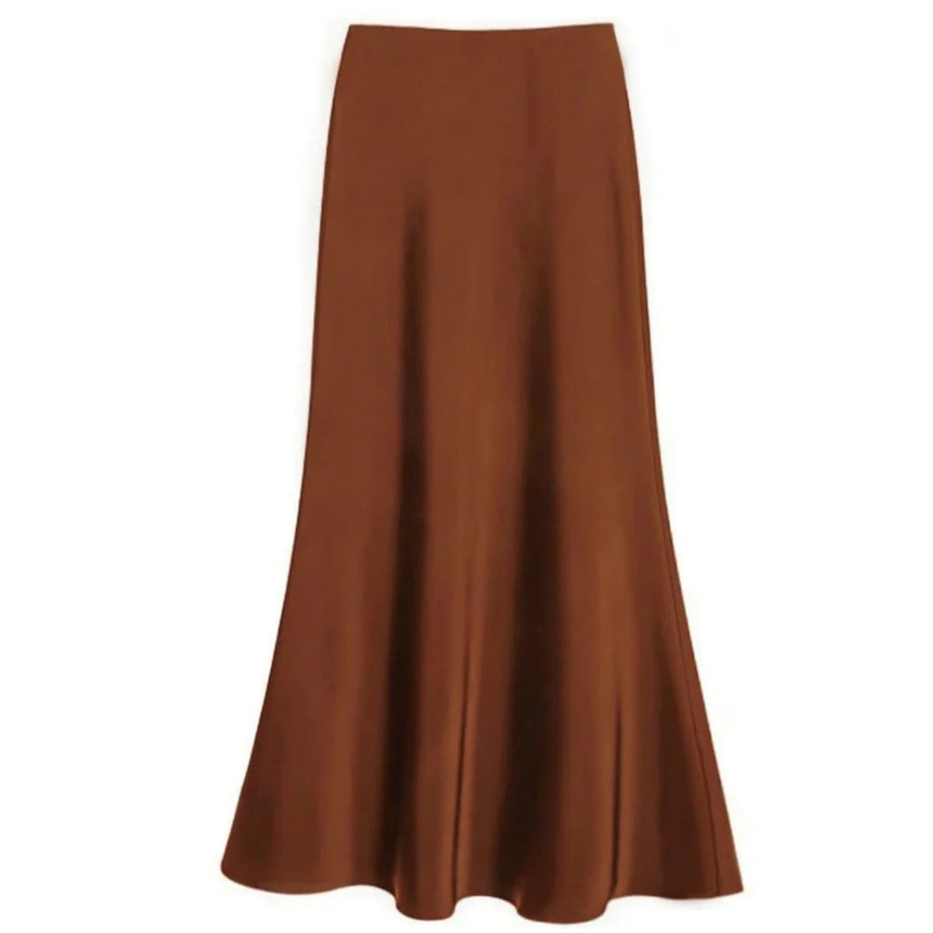Silver-grey satin midi skirt with high-waisted A-line silhouette