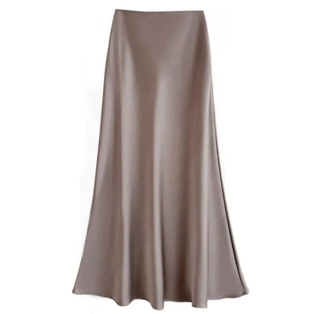 Silver-grey satin midi skirt with high-waisted A-line silhouette