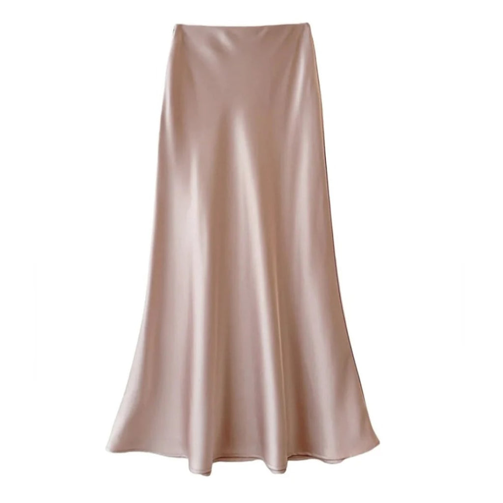 Silver-grey satin midi skirt with high-waisted A-line silhouette