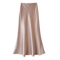 Silver-grey satin midi skirt with high-waisted A-line silhouette