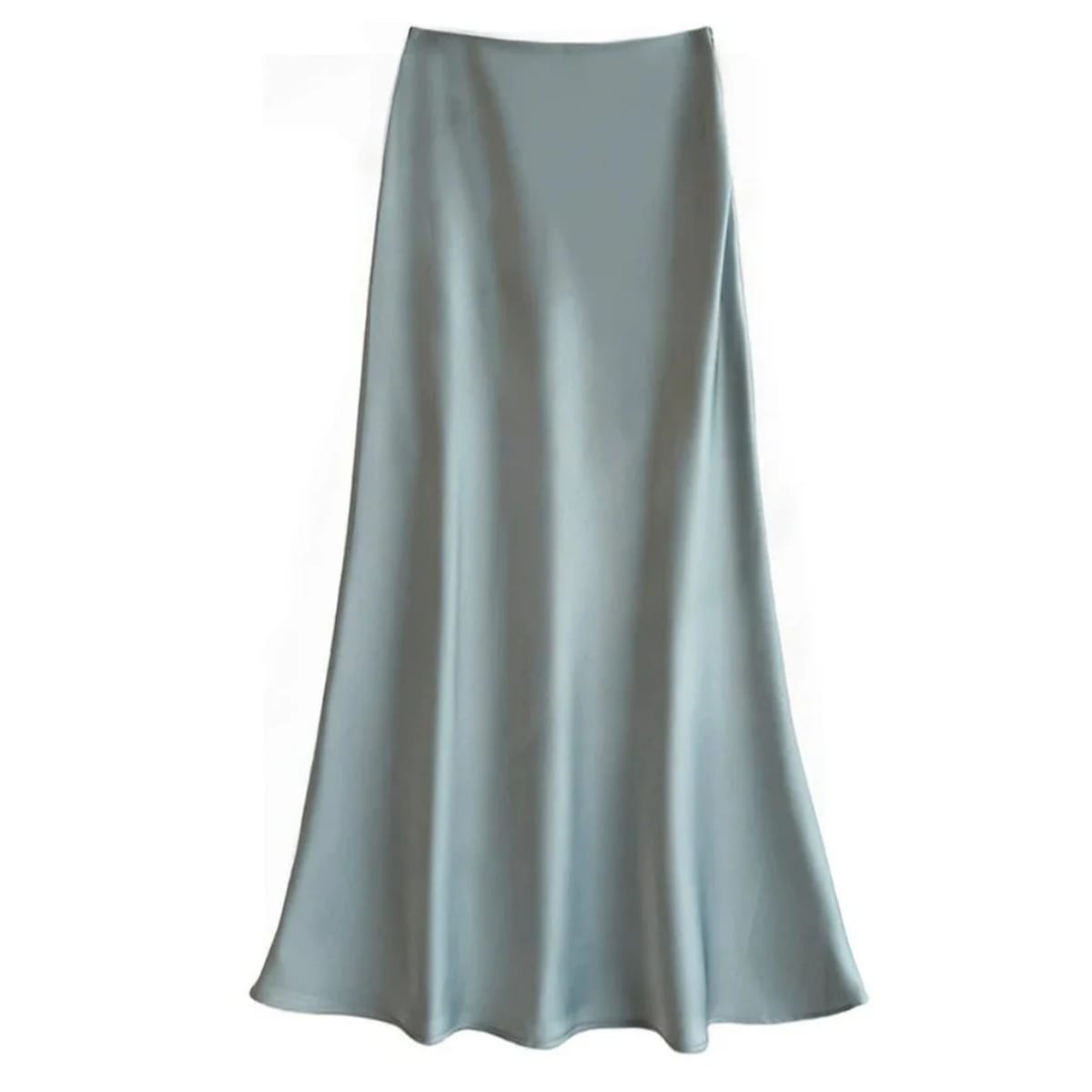 Silver-grey satin midi skirt with high-waisted A-line silhouette