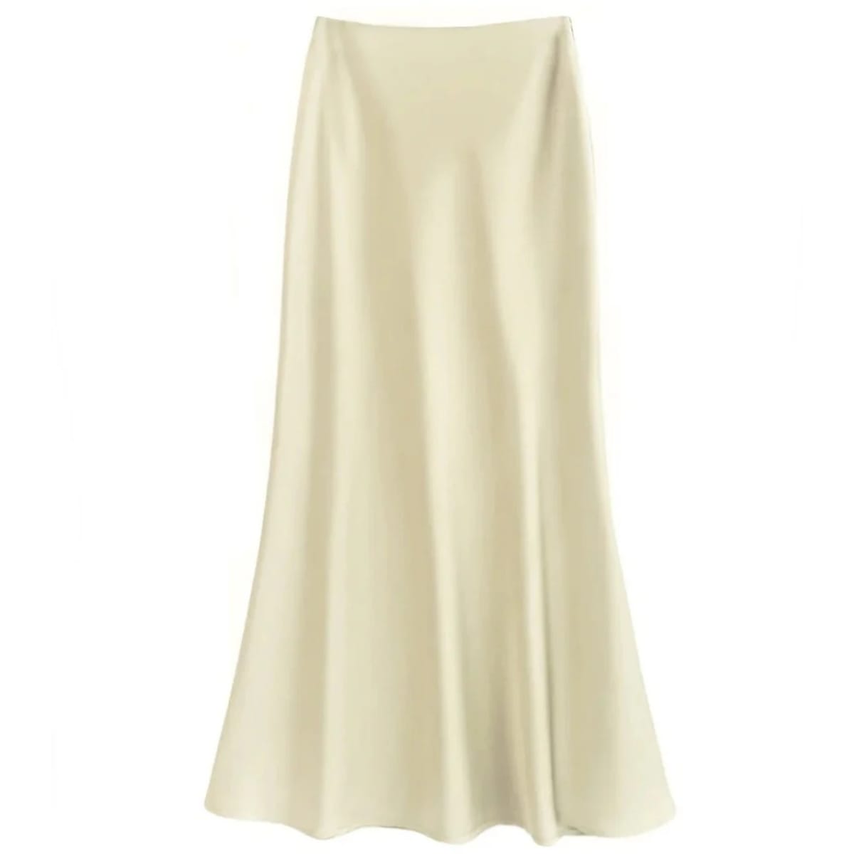 Silver-grey satin midi skirt with high-waisted A-line silhouette