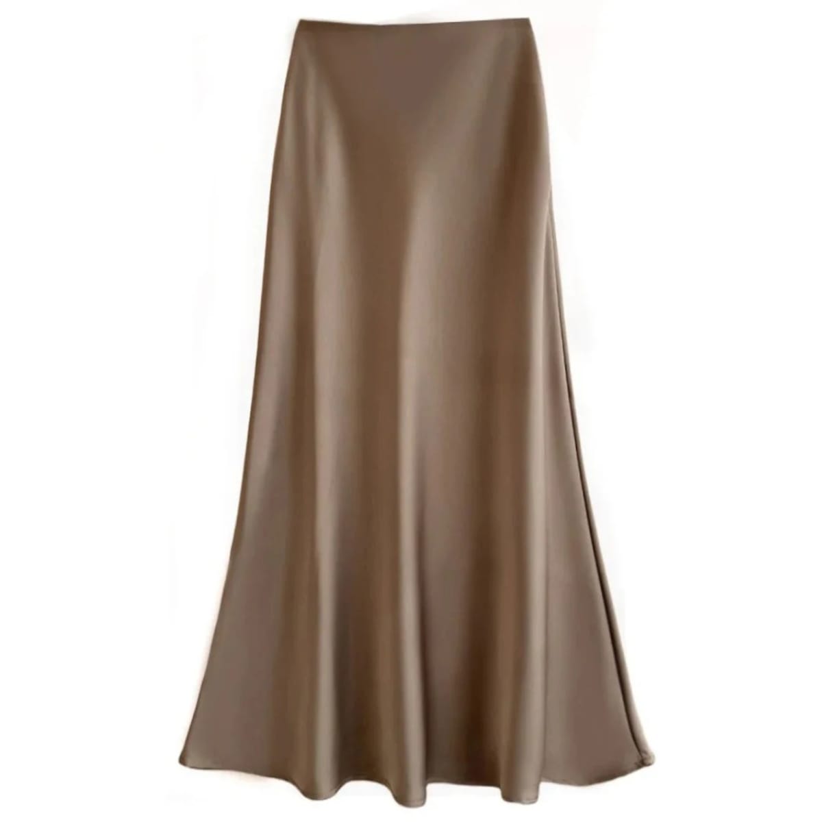 Silver-grey satin midi skirt with high-waisted A-line silhouette