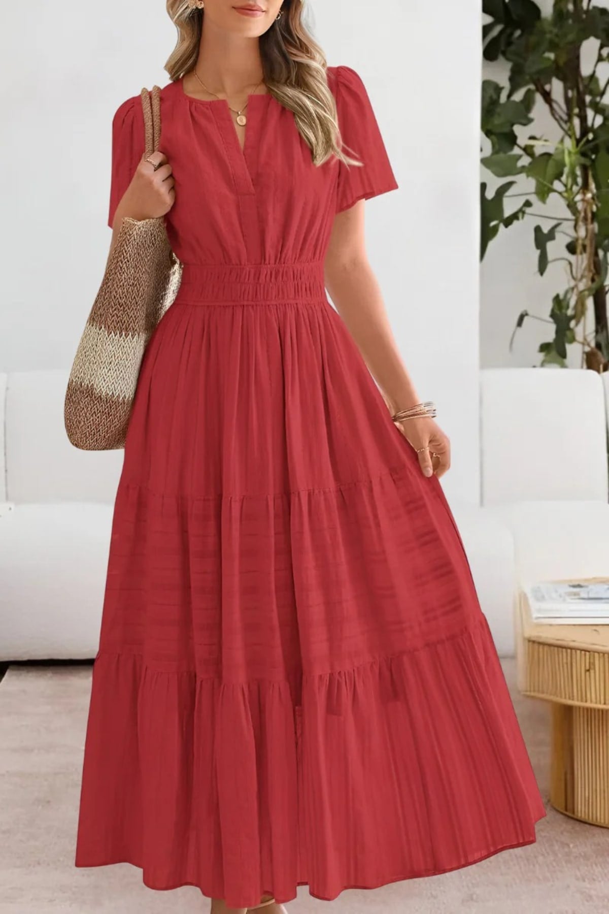 Flowing boho summer dress with delicate patterns and loose fit.