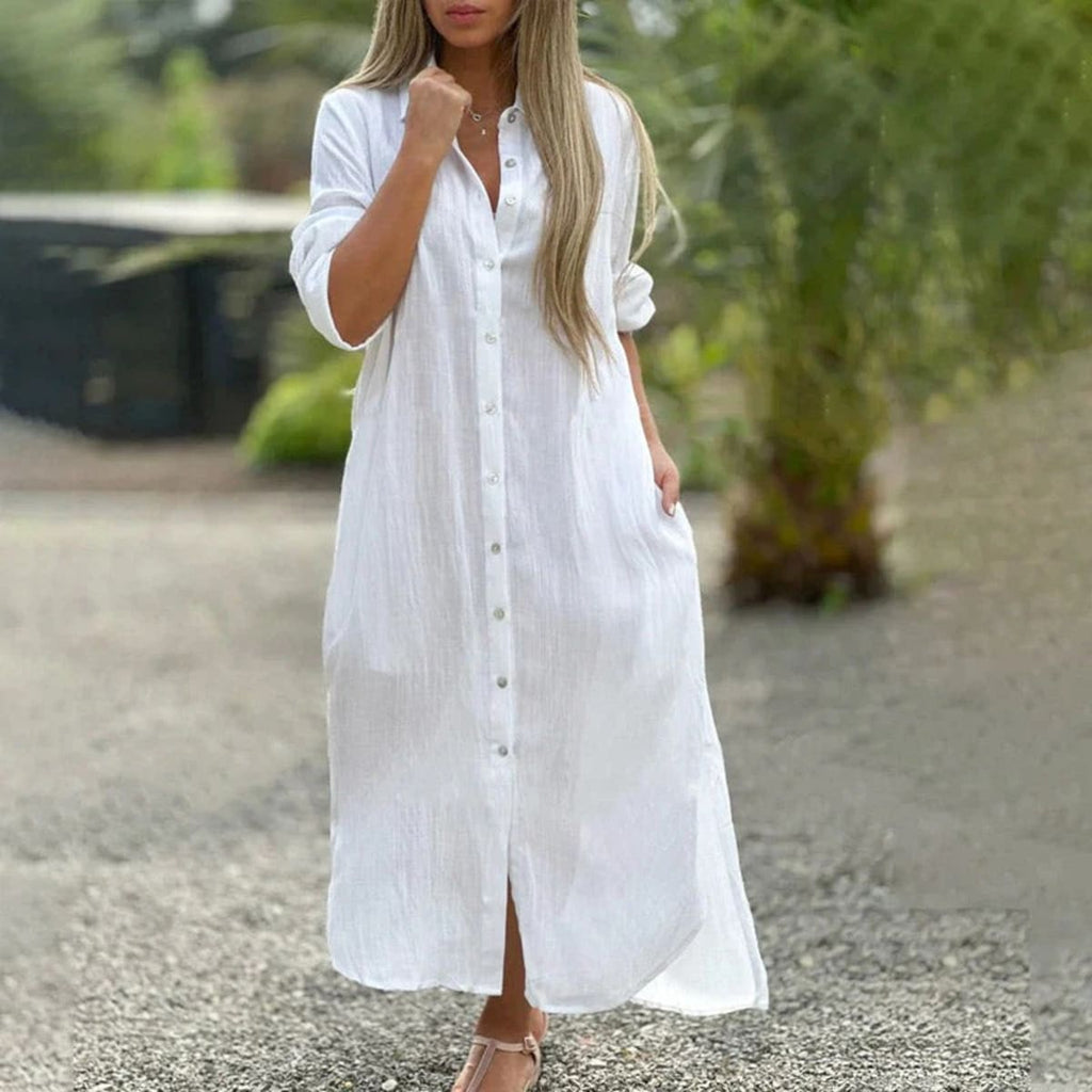 Women's maxi shirt dress with button-down front and collar.