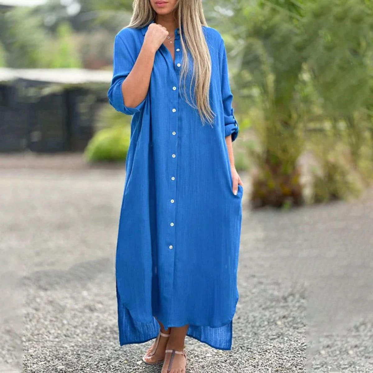 Women's maxi shirt dress with button-down front and collar.