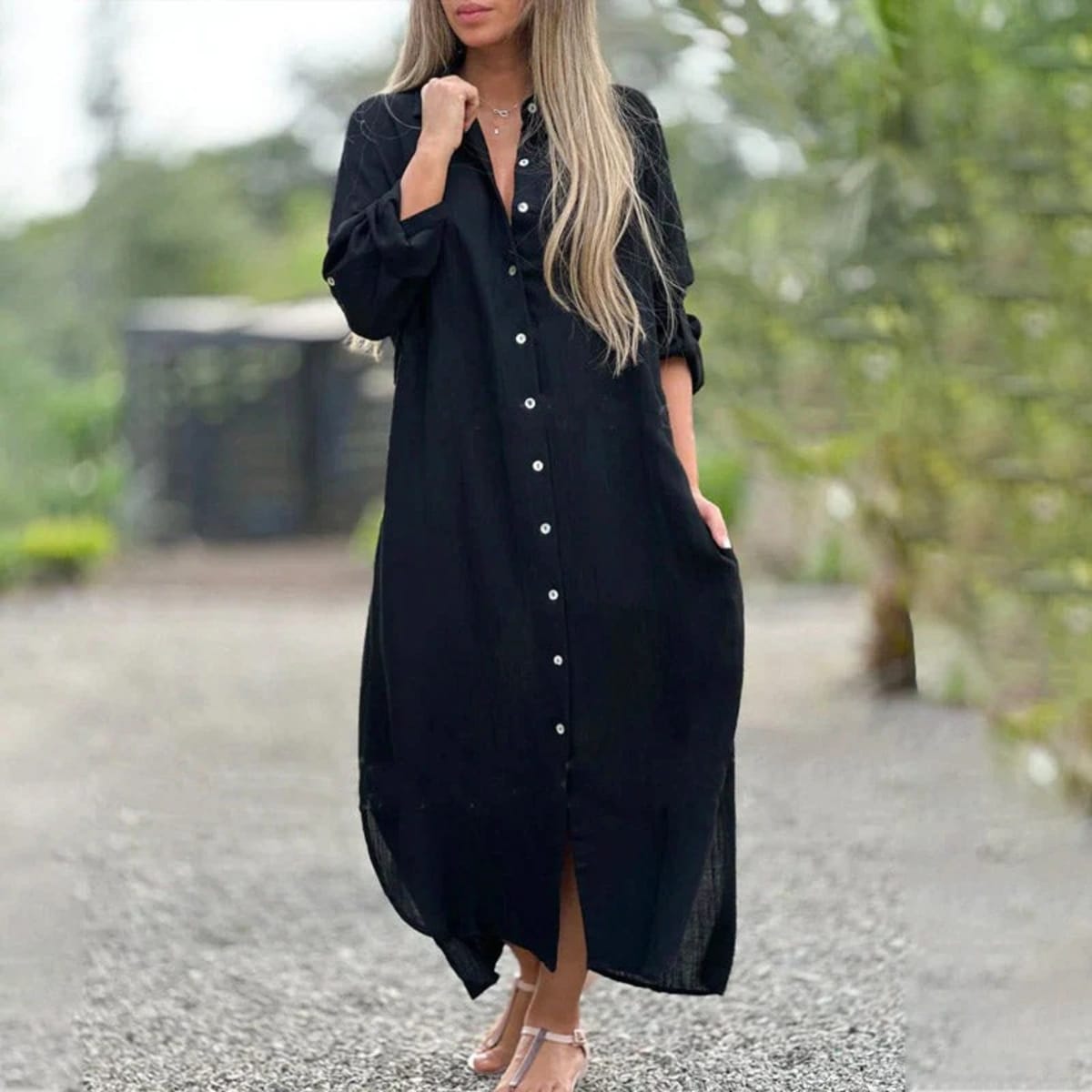 Women's maxi shirt dress with button-down front and collar.