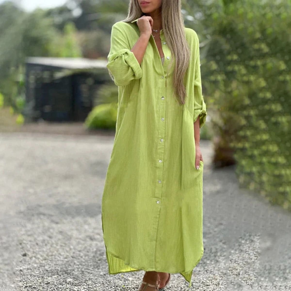 Women's maxi shirt dress with button-down front and collar.