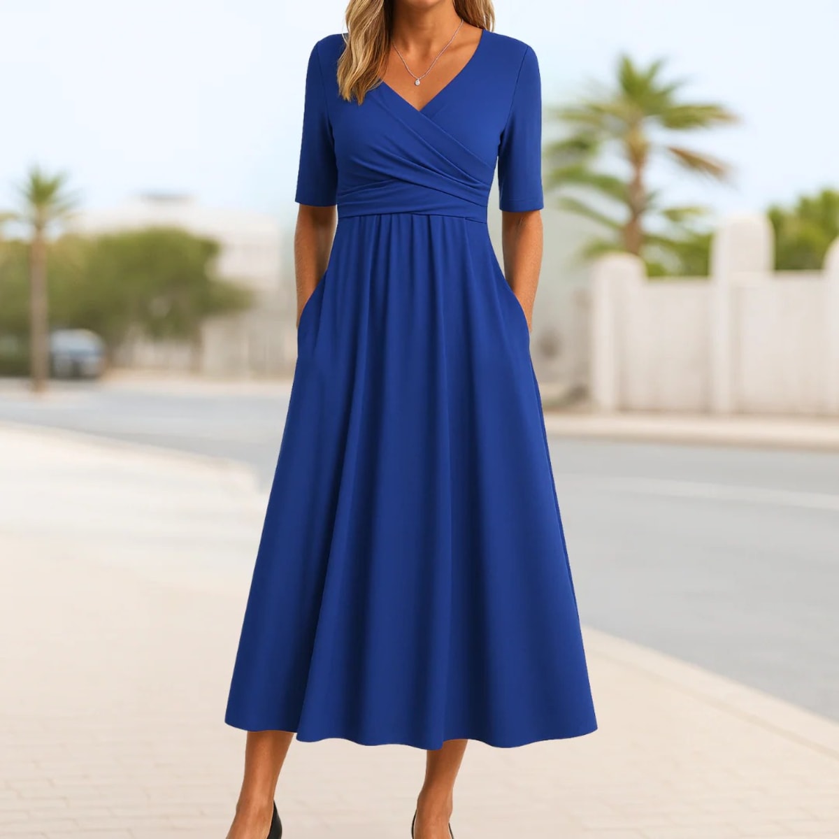 Short sleeve dress with crossed design and A-line fit.