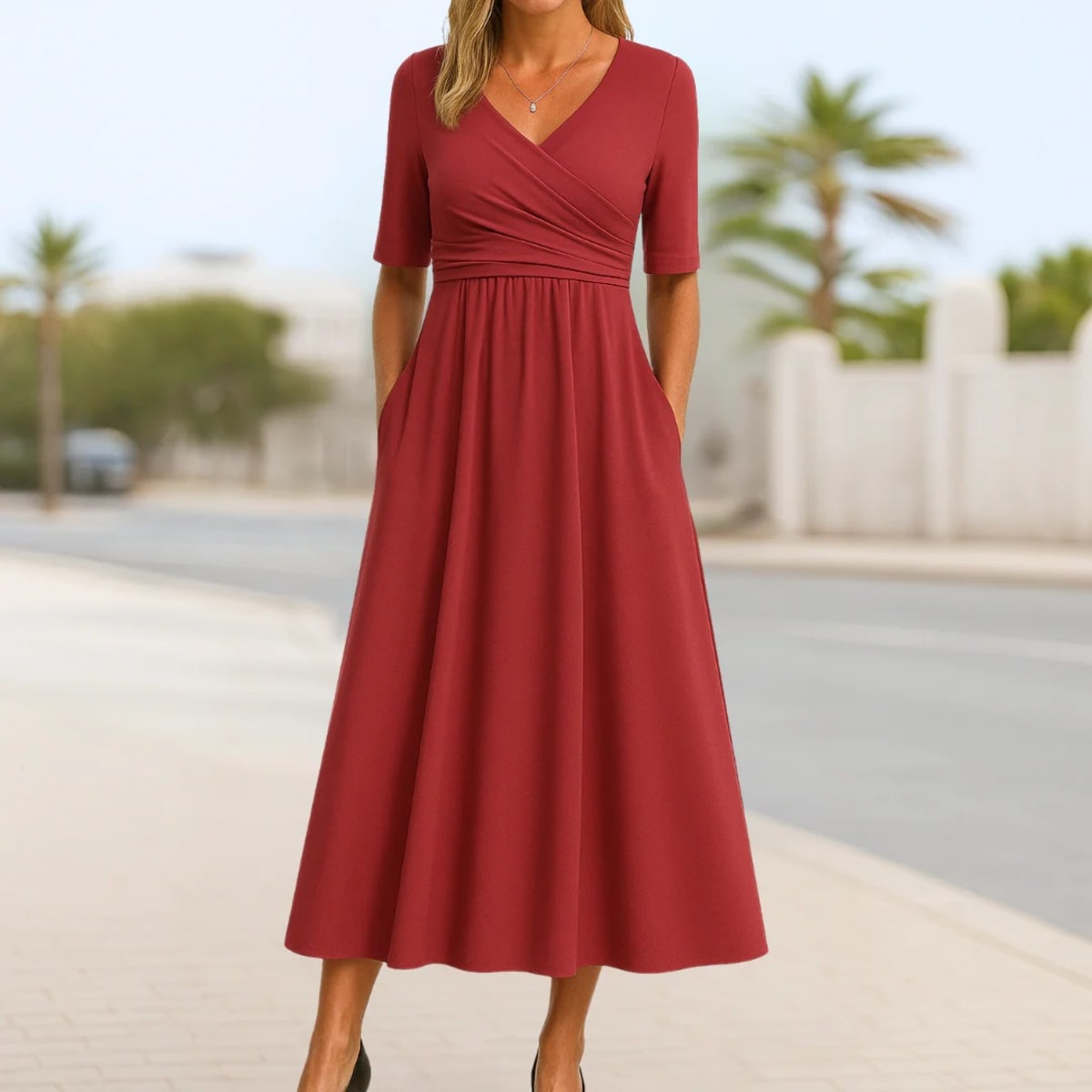 Short sleeve dress with crossed design and A-line fit.