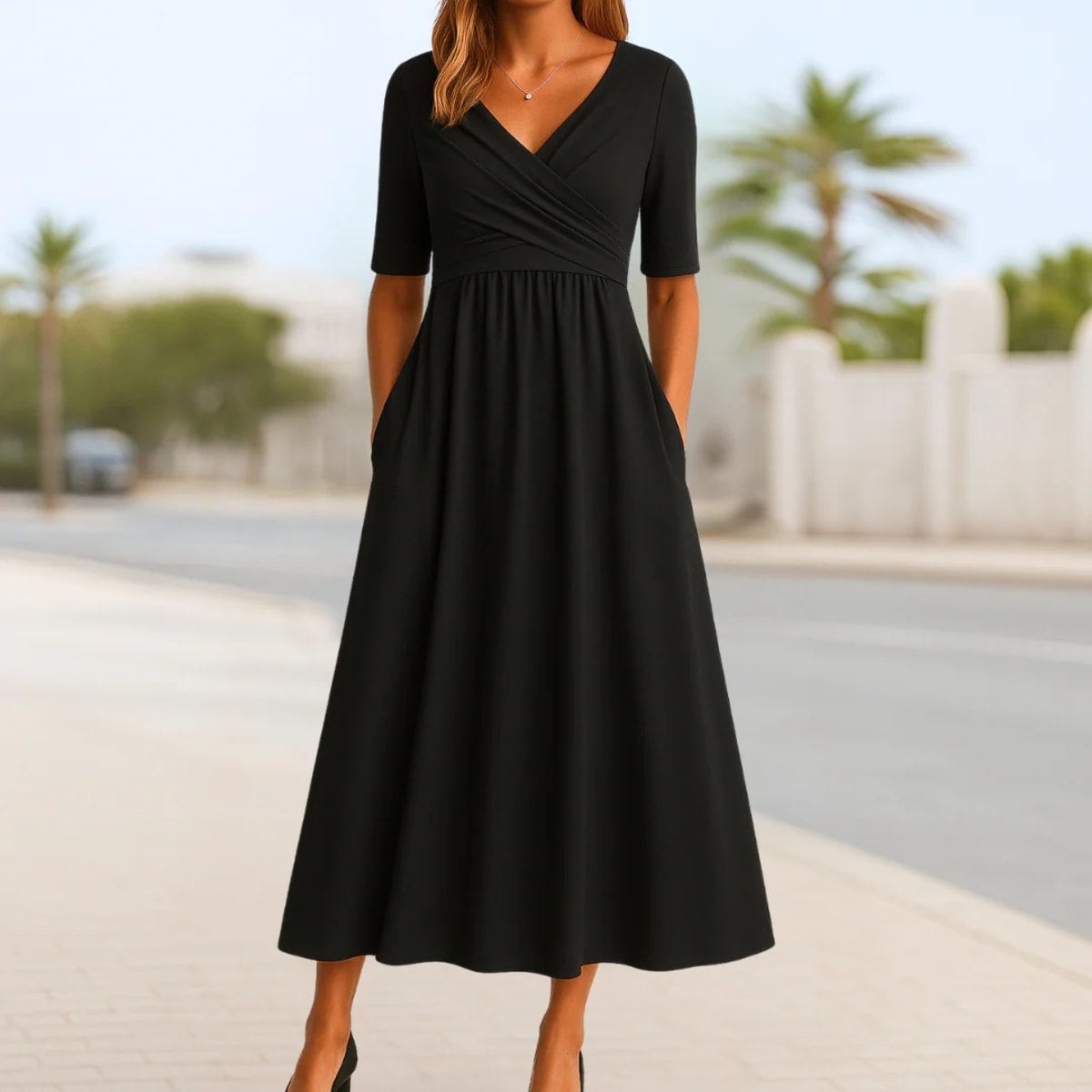 Short sleeve dress with crossed design and A-line fit.