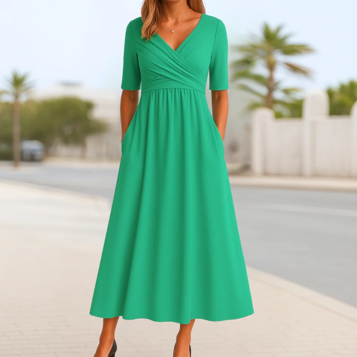 Short sleeve dress with crossed design and A-line fit.