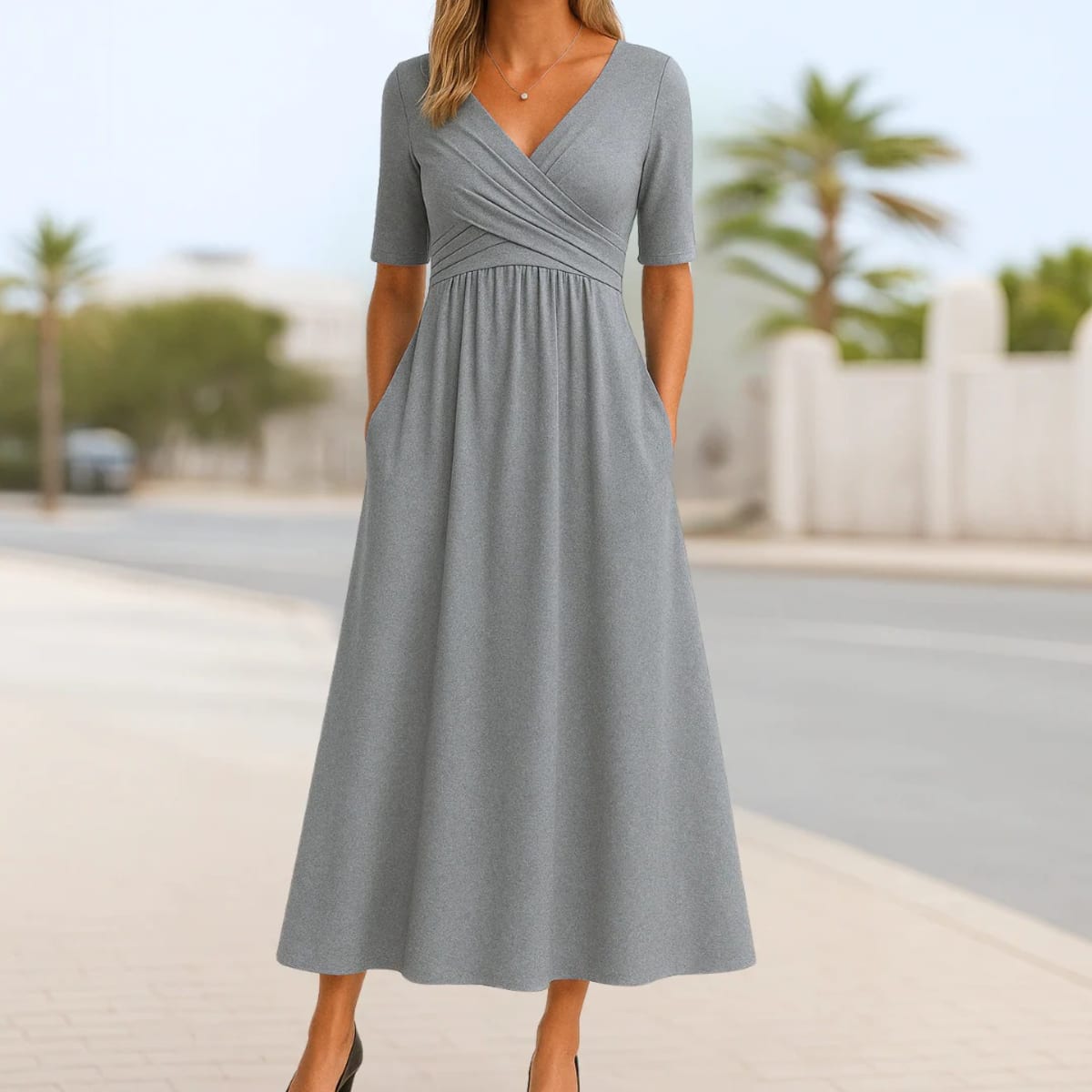 Short sleeve dress with crossed design and A-line fit.