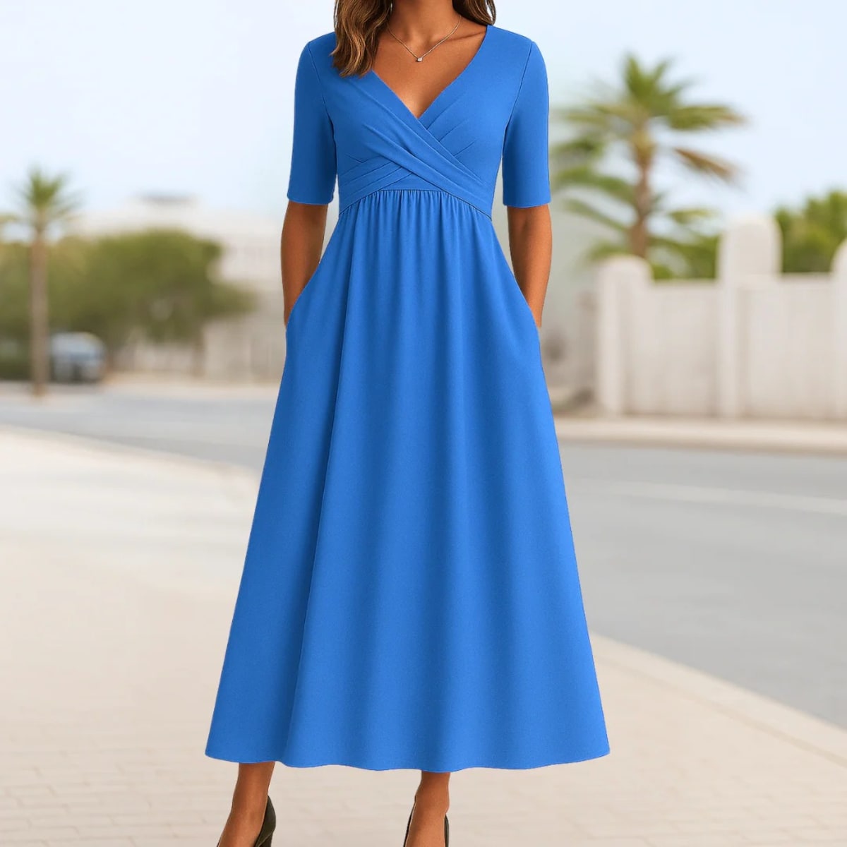 Short sleeve dress with crossed design and A-line fit.