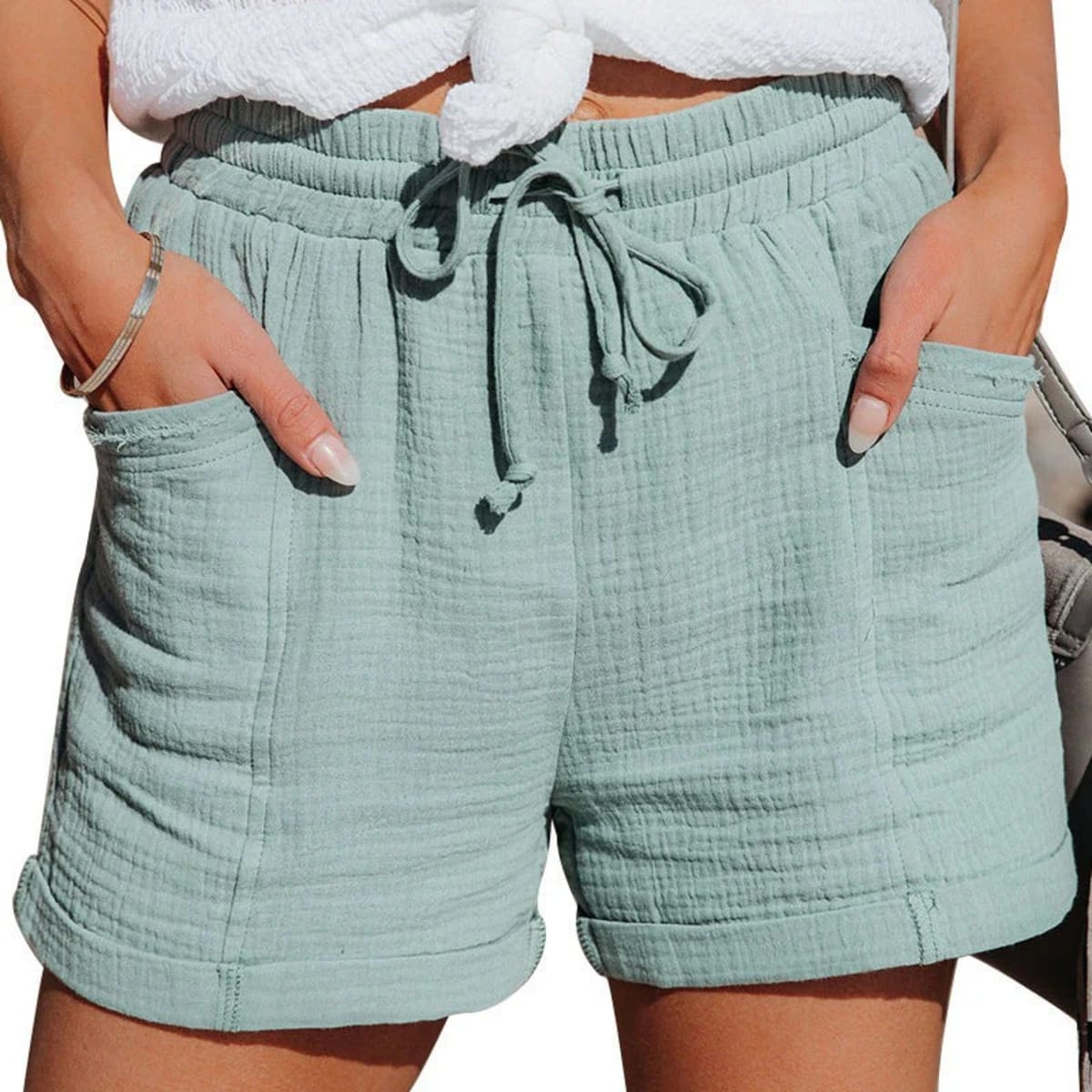 Women's shorts with elastic waistband and wide legs.