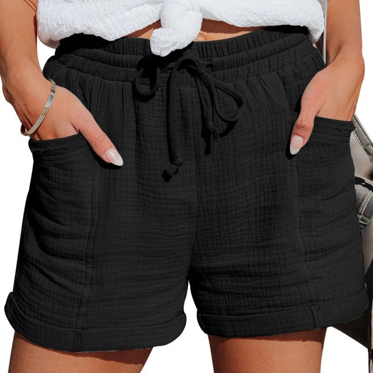 Women's shorts with elastic waistband and wide legs.