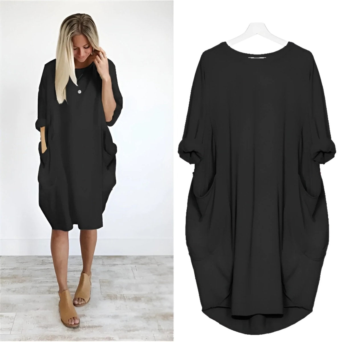Elegant dress with side pockets and flowing drape.