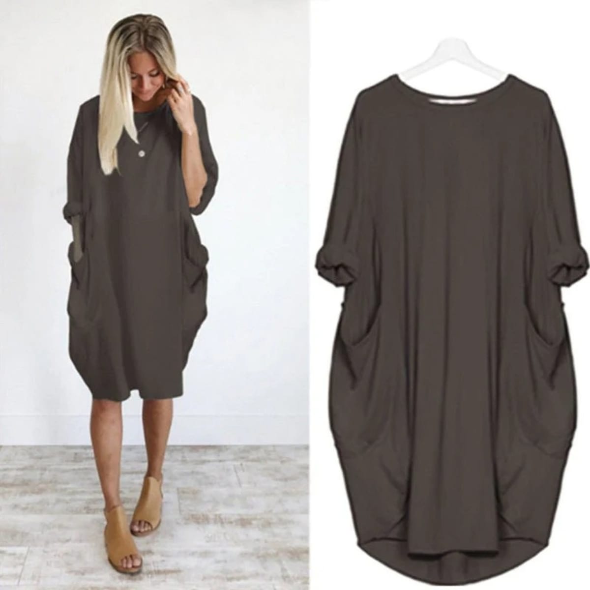 Elegant dress with side pockets and flowing drape.