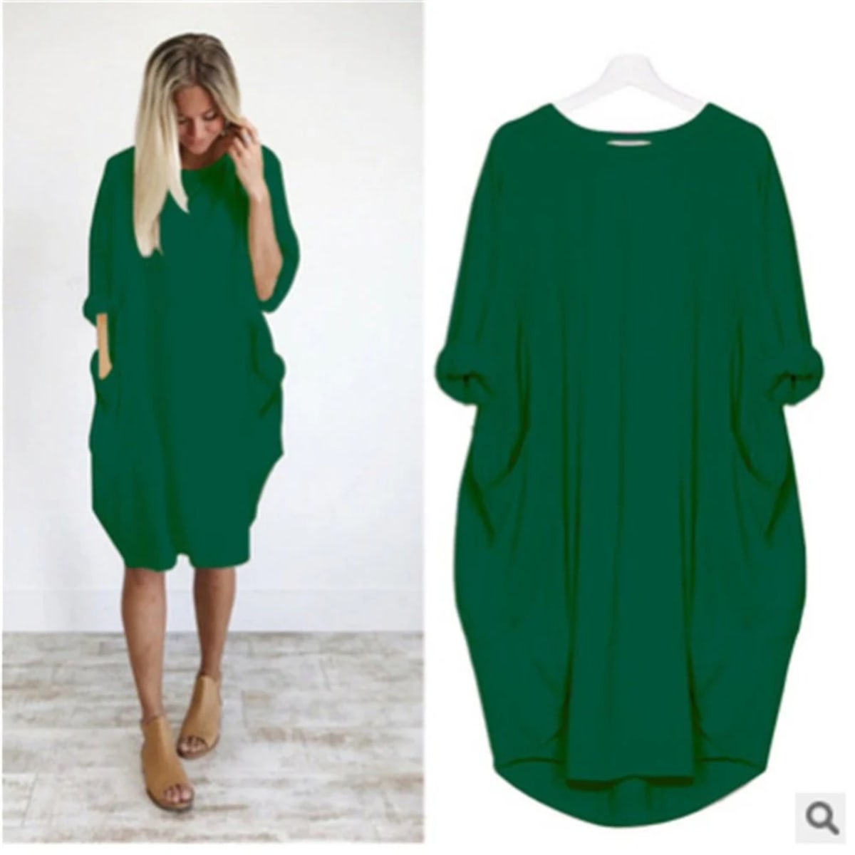 Elegant dress with side pockets and flowing drape.