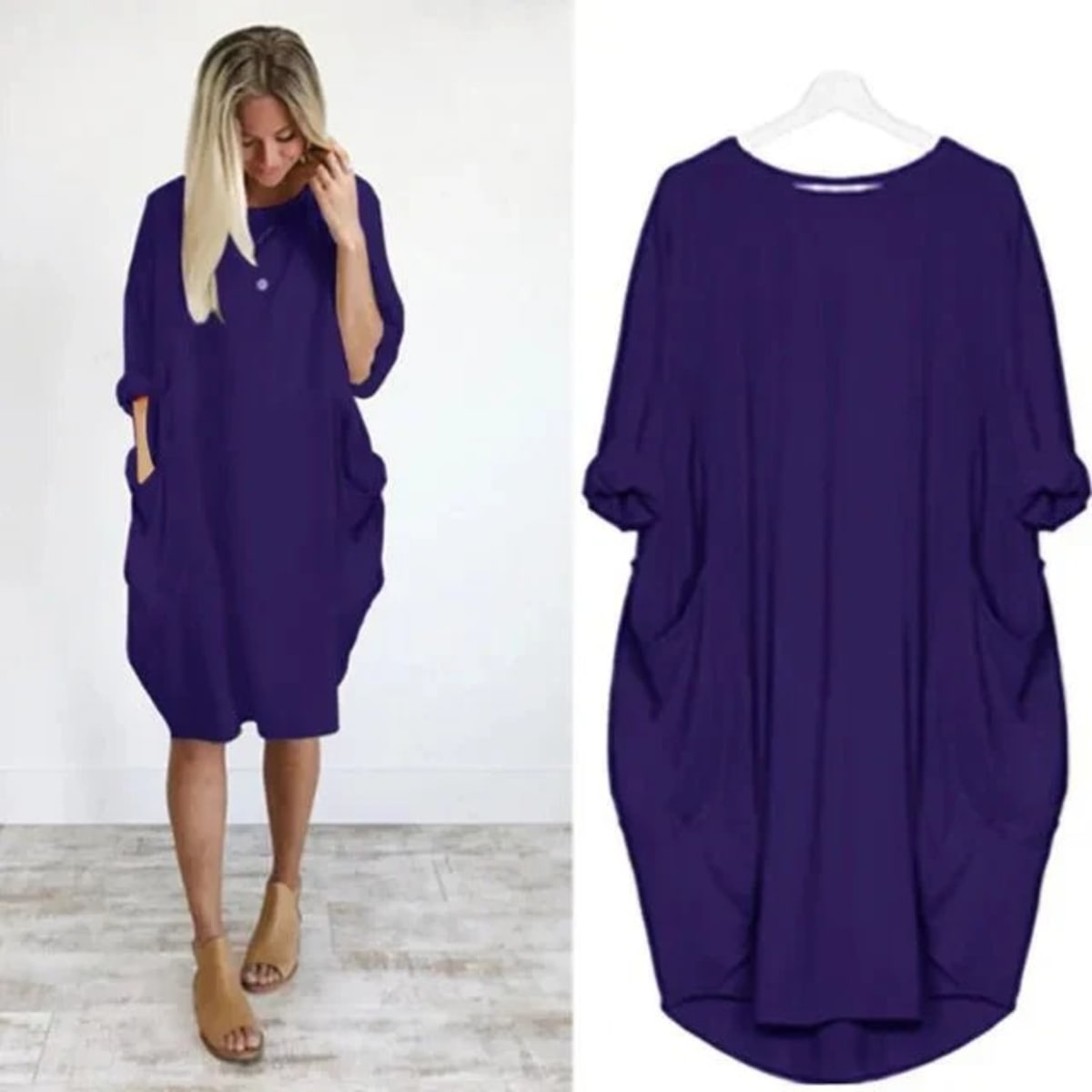 Elegant dress with side pockets and flowing drape.