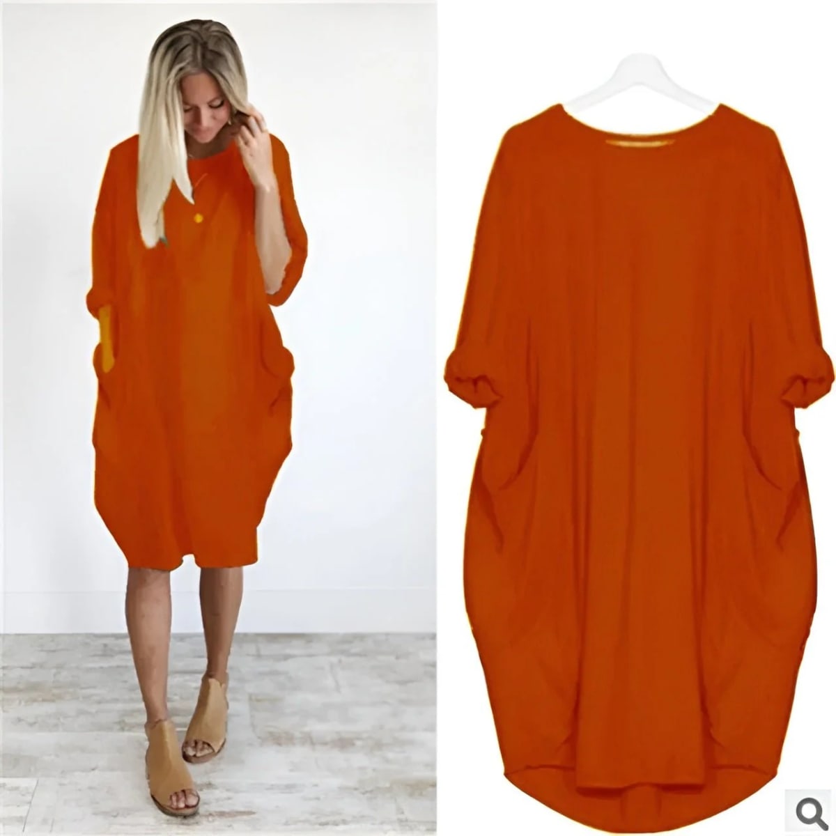 Elegant dress with side pockets and flowing drape.