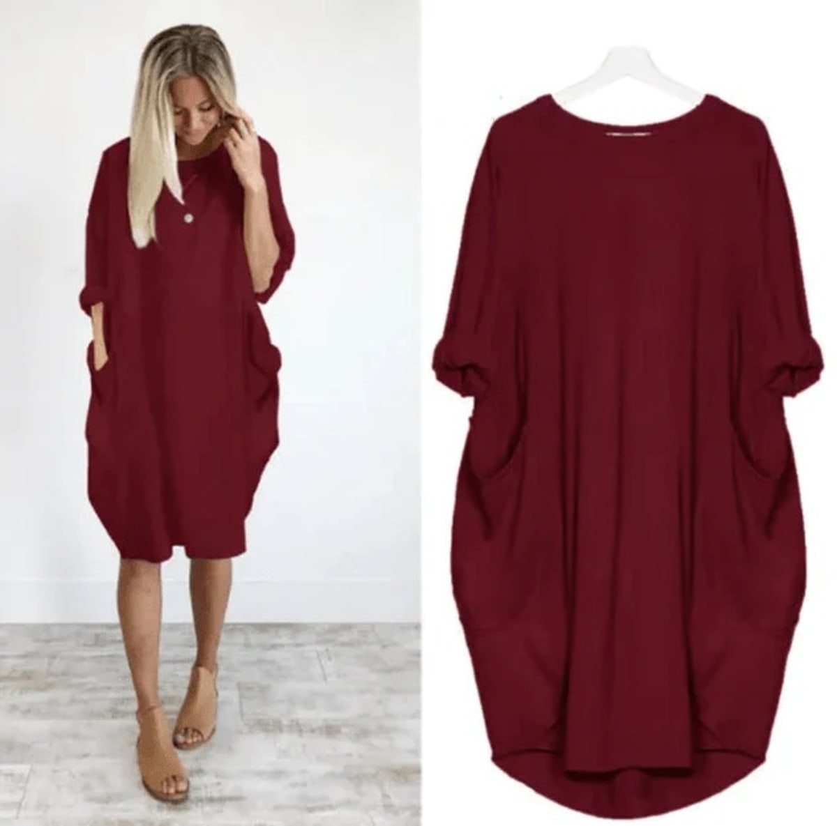 Elegant dress with side pockets and flowing drape.