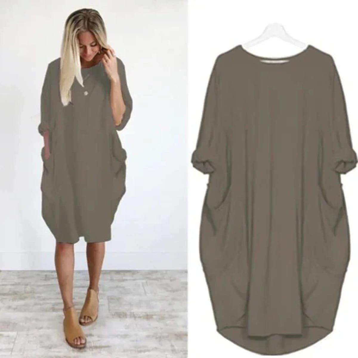 Elegant dress with side pockets and flowing drape.