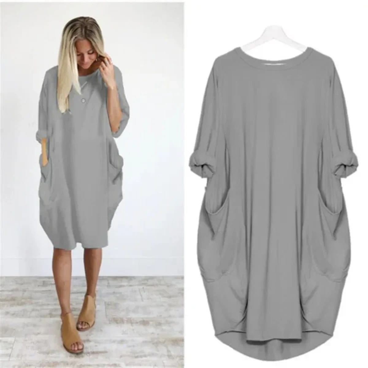 Elegant dress with side pockets and flowing drape.