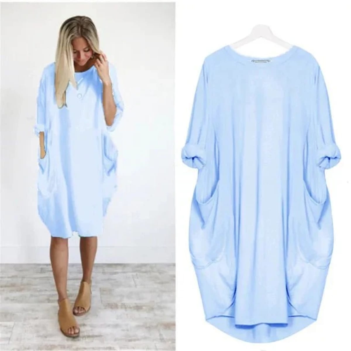 Elegant dress with side pockets and flowing drape.