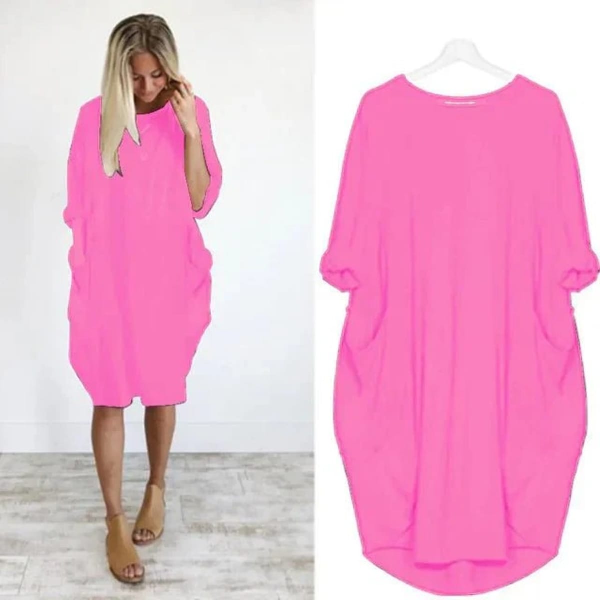 Elegant dress with side pockets and flowing drape.