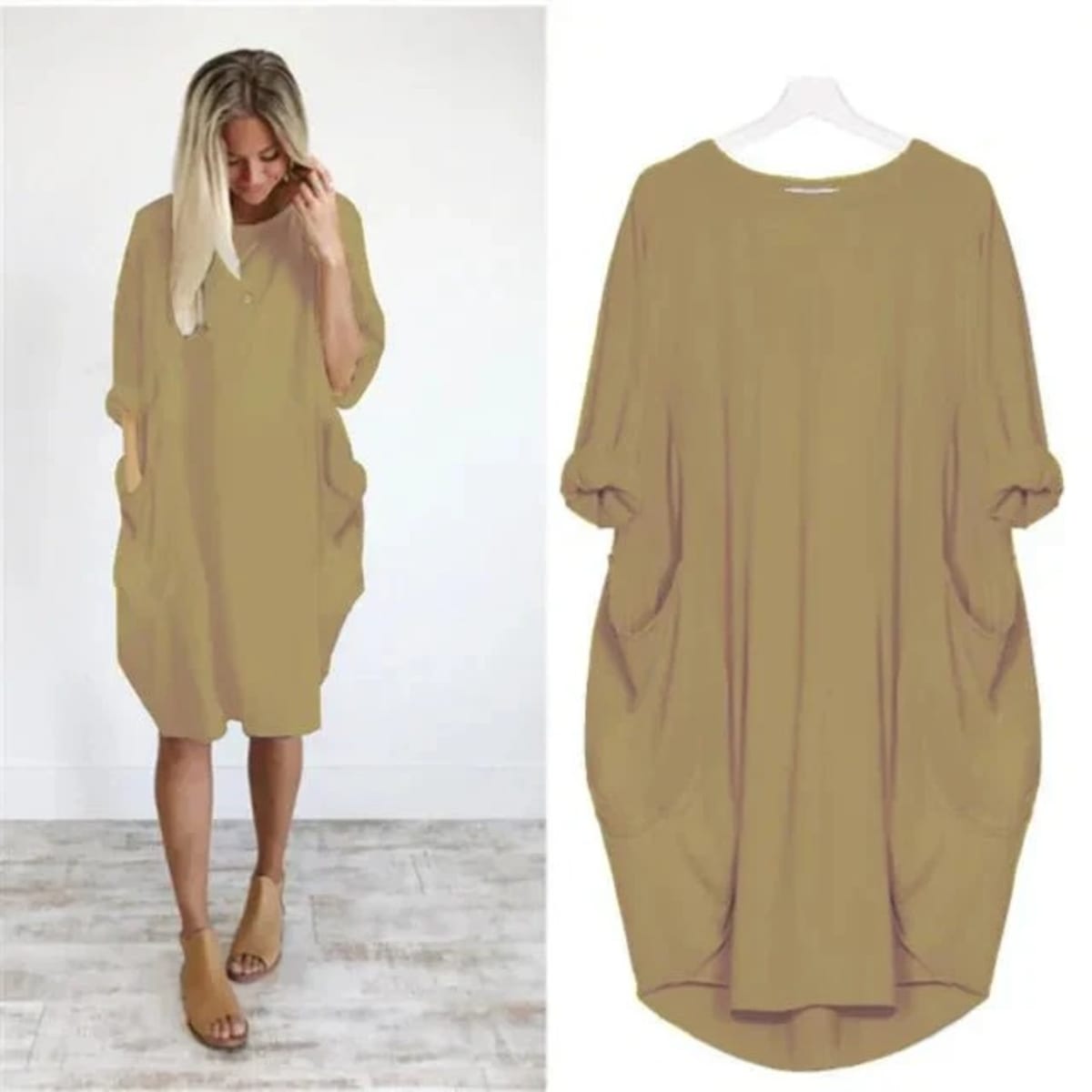 Elegant dress with side pockets and flowing drape.
