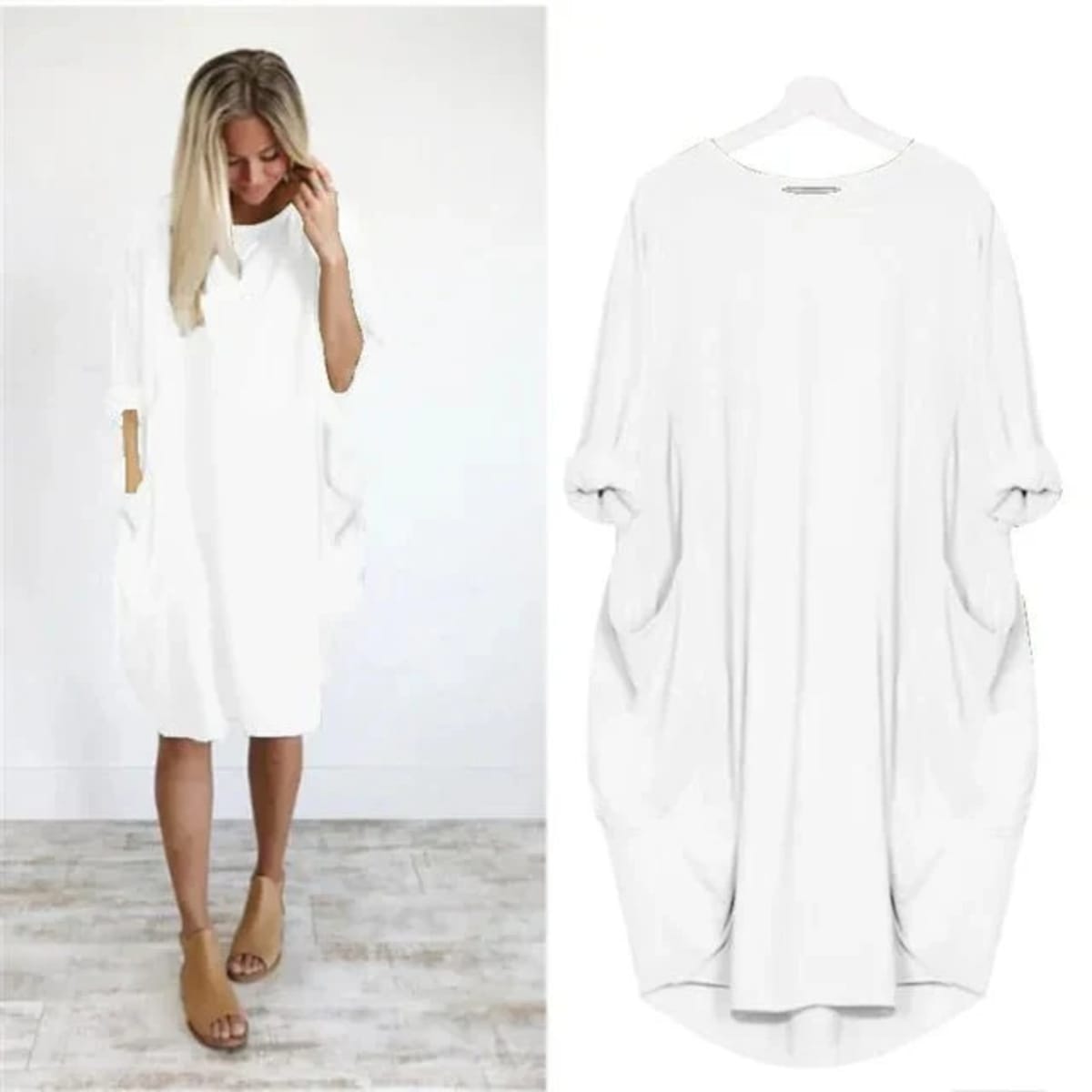 Elegant dress with side pockets and flowing drape.