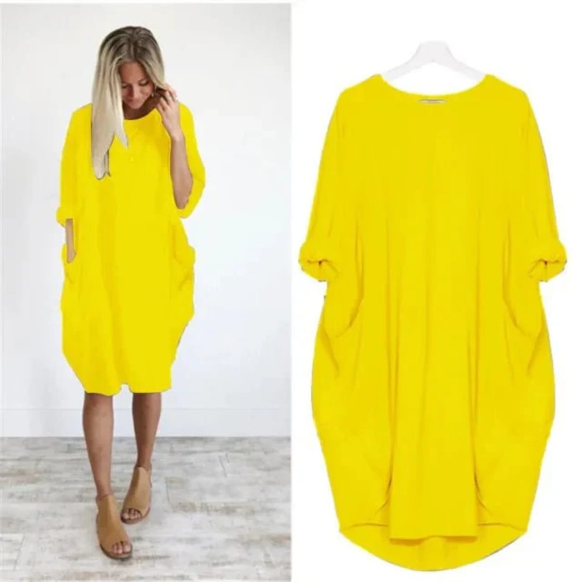 Elegant dress with side pockets and flowing drape.