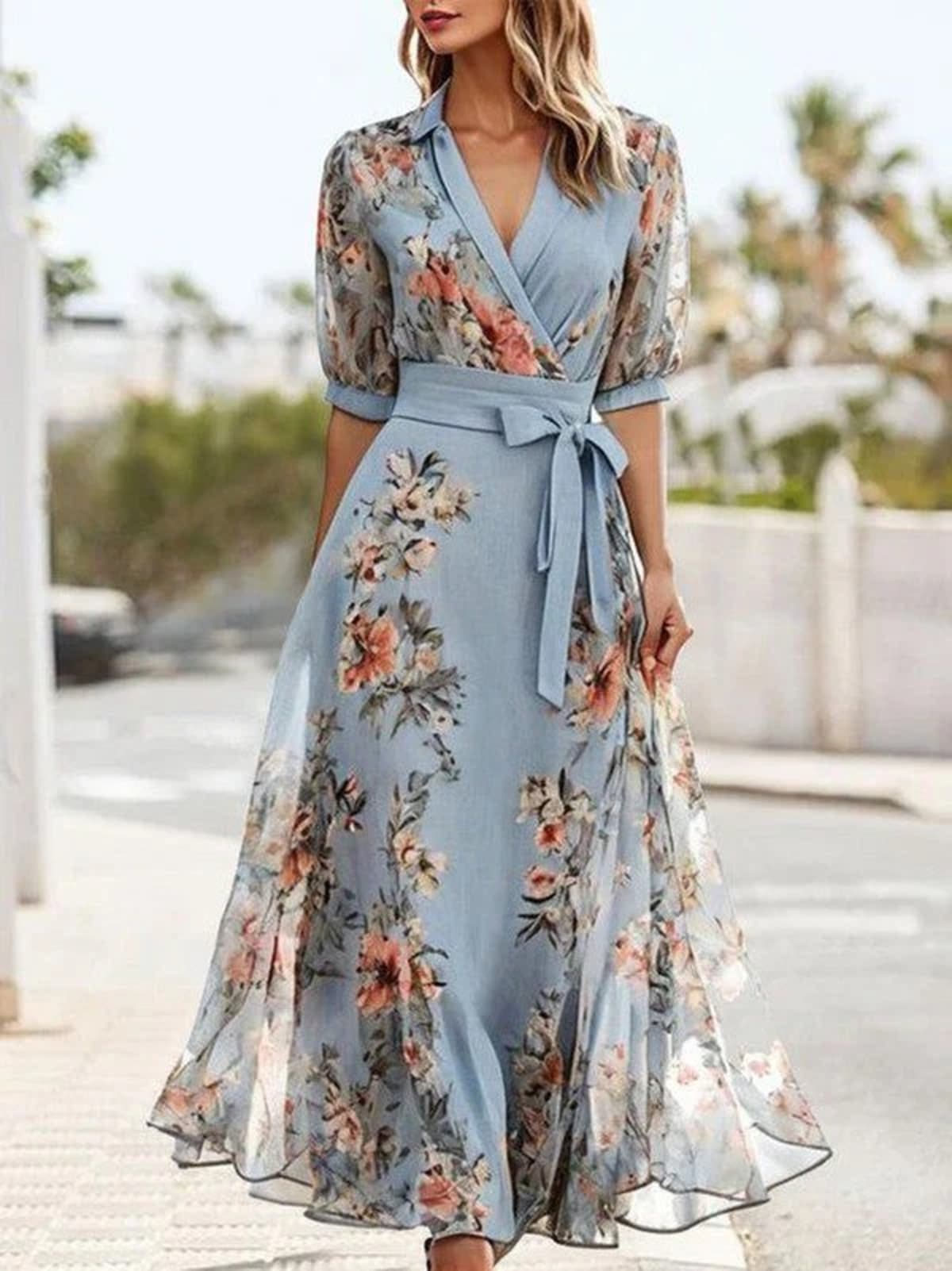Flared midi dress with V-neckline and soft silhouette.