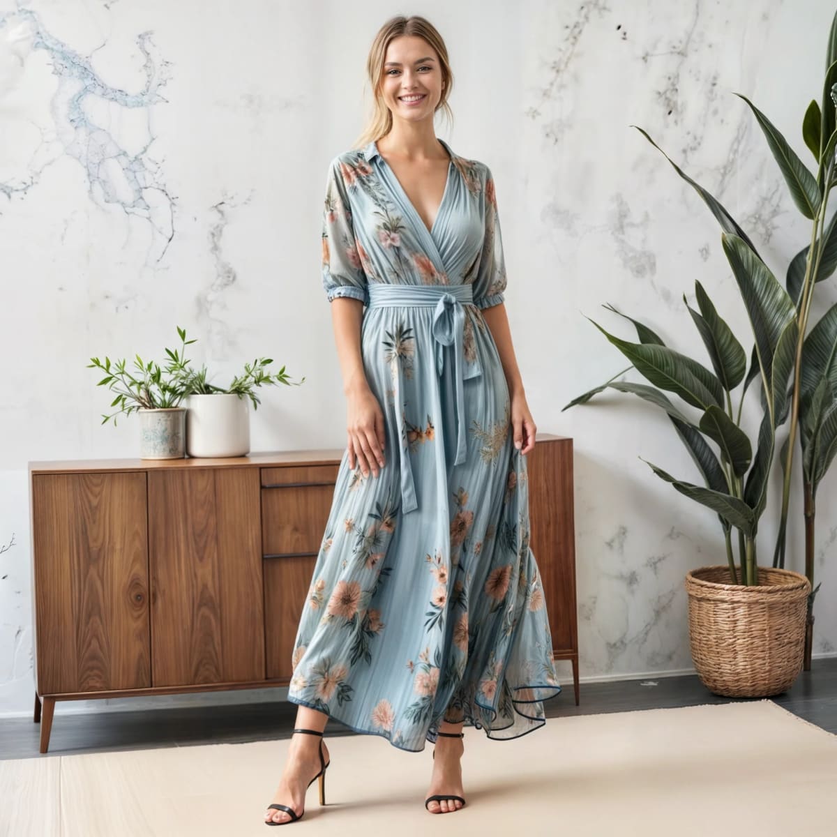 Flared midi dress with V-neckline and soft silhouette.