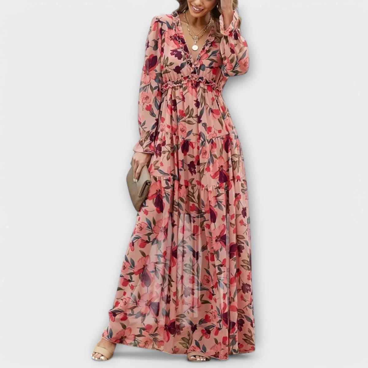 Floral V-neck maxi dress with flowing silhouette and lightweight fabric.