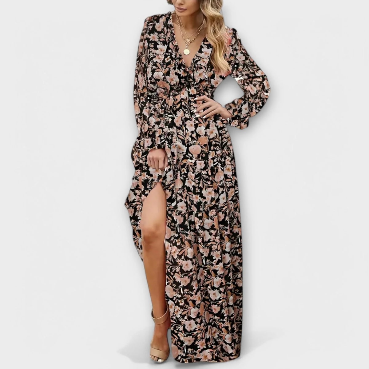 Floral V-neck maxi dress with flowing silhouette and lightweight fabric.