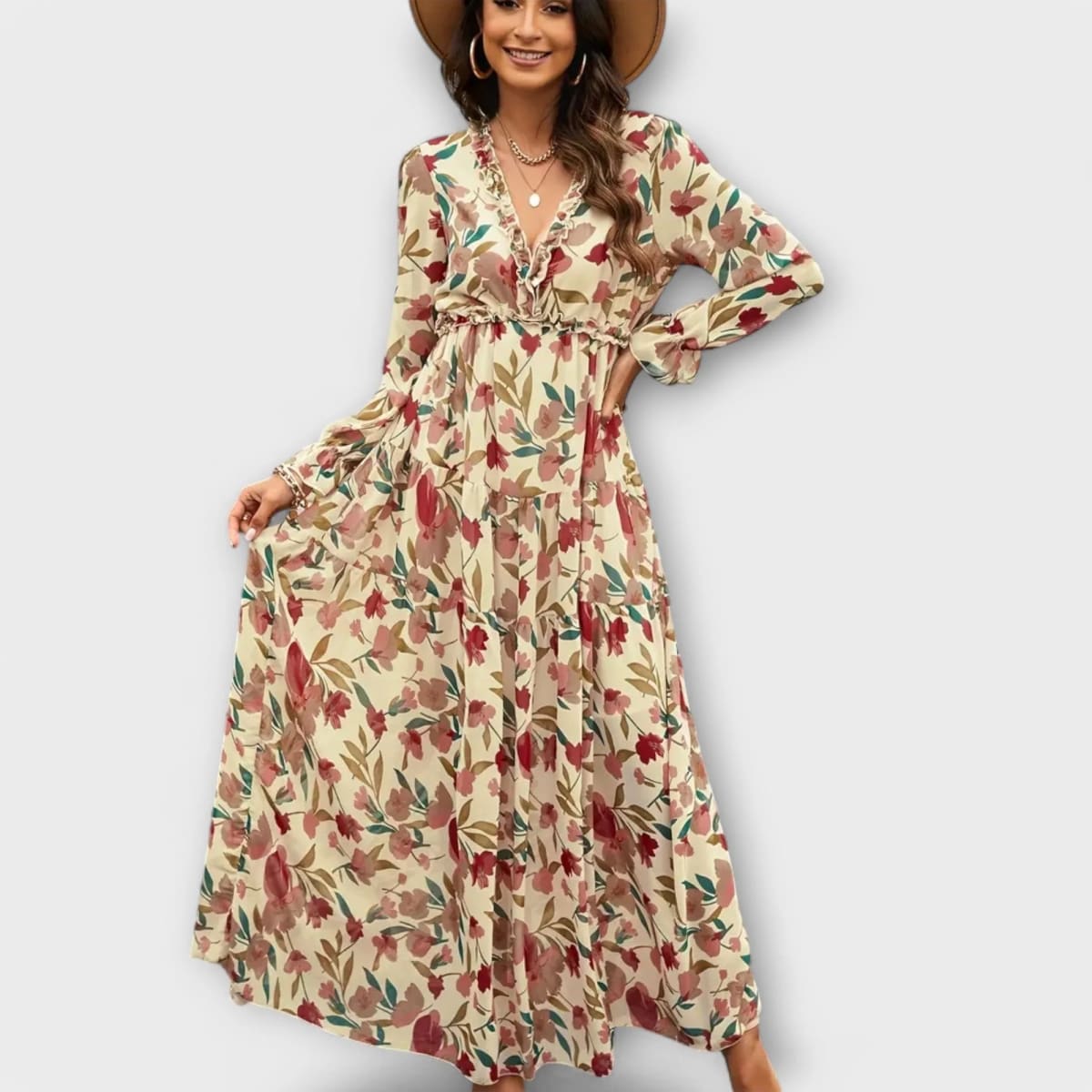 Floral V-neck maxi dress with flowing silhouette and lightweight fabric.