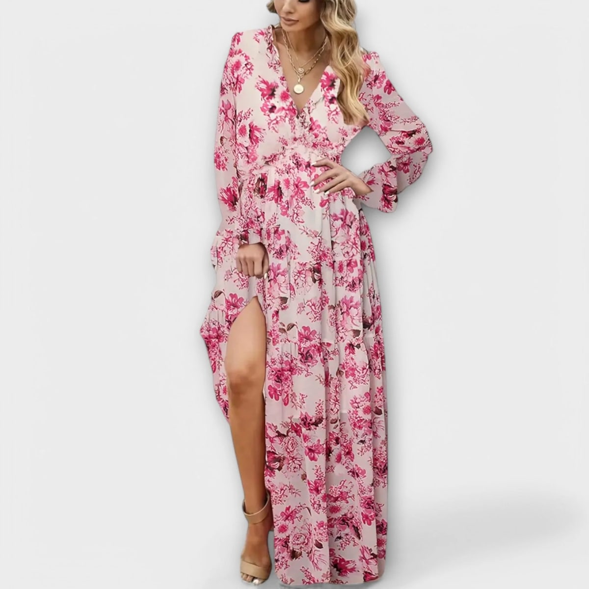 Floral V-neck maxi dress with flowing silhouette and lightweight fabric.