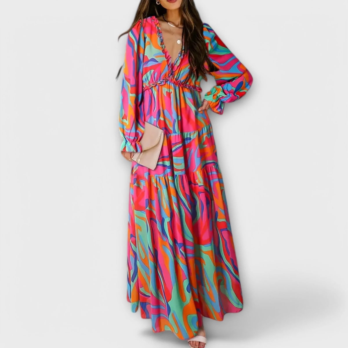 Floral V-neck maxi dress with flowing silhouette and lightweight fabric.