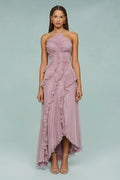 Halter dress with sculpted pleats and flowing skirt for special occasions.