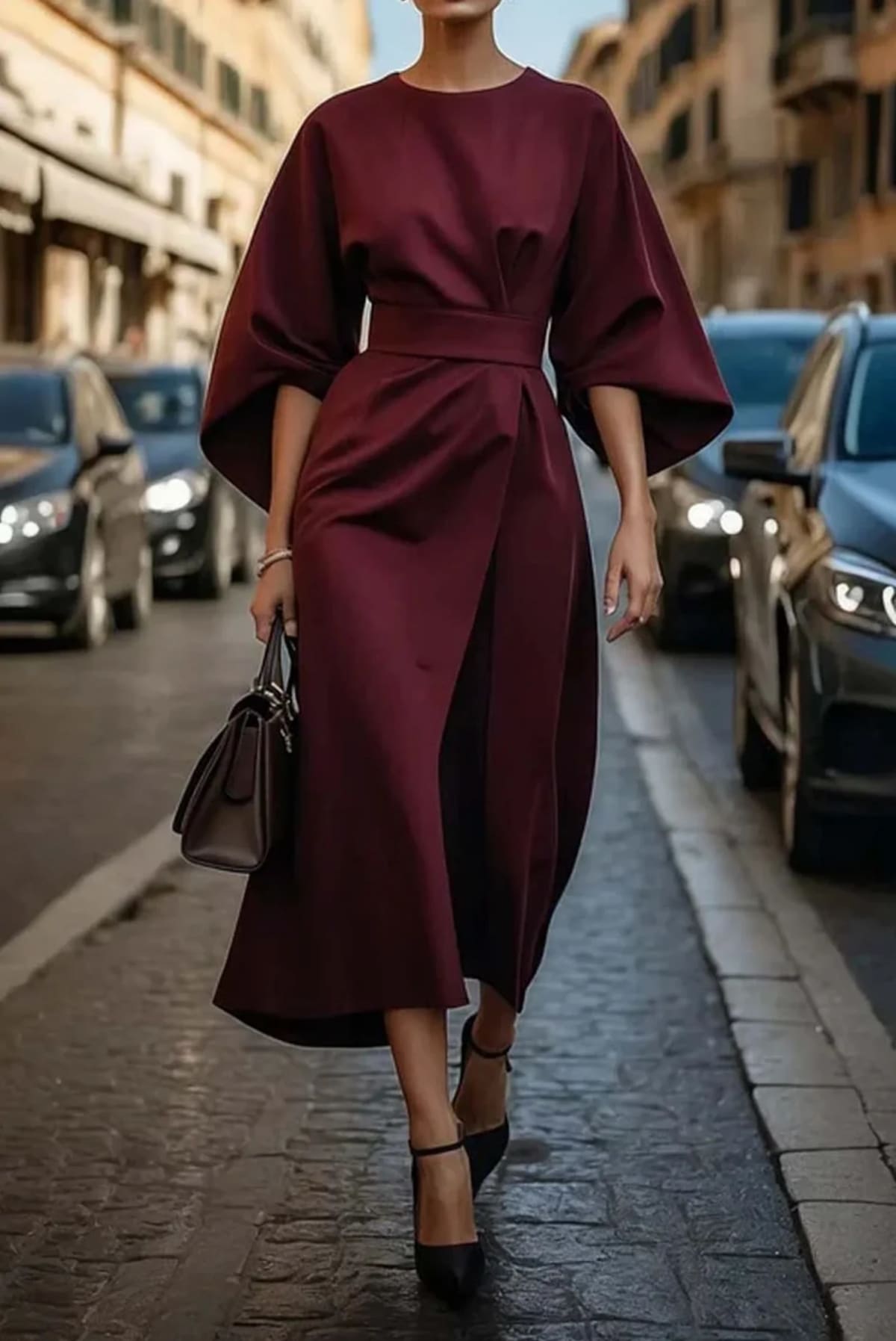 Elegant dress with lantern sleeves and adjustable waist bow.